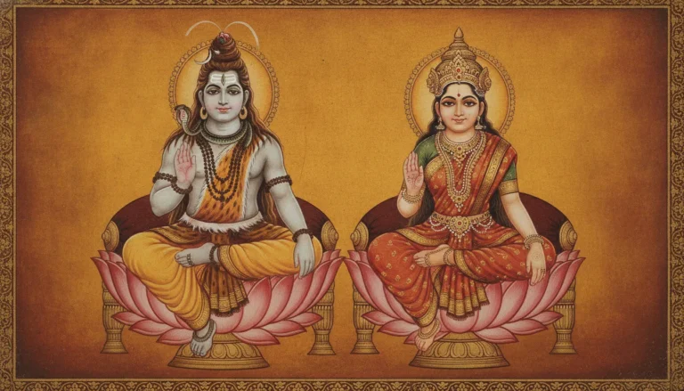 Classic Tanjore style painting of Shiva and Parvati sitting on royal lotus thrones