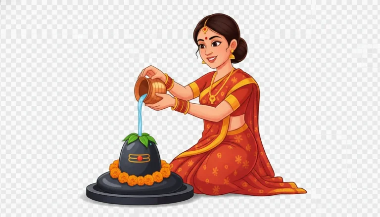 Shivling pooja by lady cartoon png images showcasing a woman in a traditional saree offering water from a copper pot.