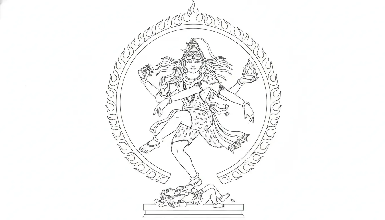 Traditional black and white outline drawing of Lord Shiva as Nataraja in cosmic dance pose.