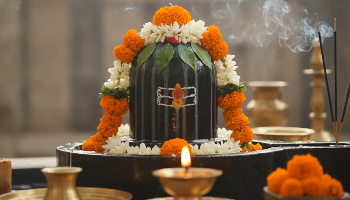 Authentic Lord Shivling image in HD during Vedic morning puja with flowers and brass diya