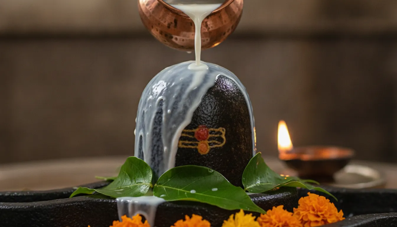 Close up shot of milk being poured over a black stone Shivling during Abhishek ritual