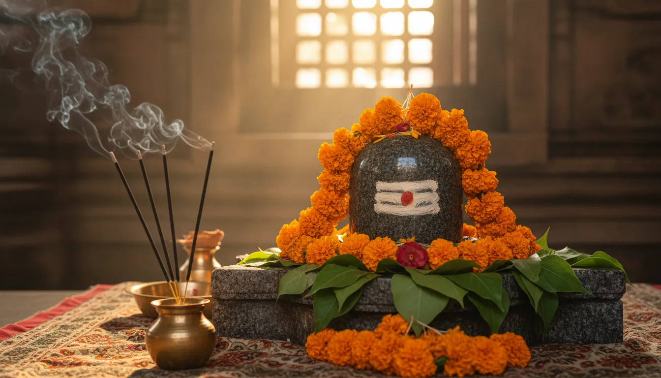 Beautiful traditional morning prayer shivling images for whatsapp dp decorated with fresh flowers and burning incense sticks.