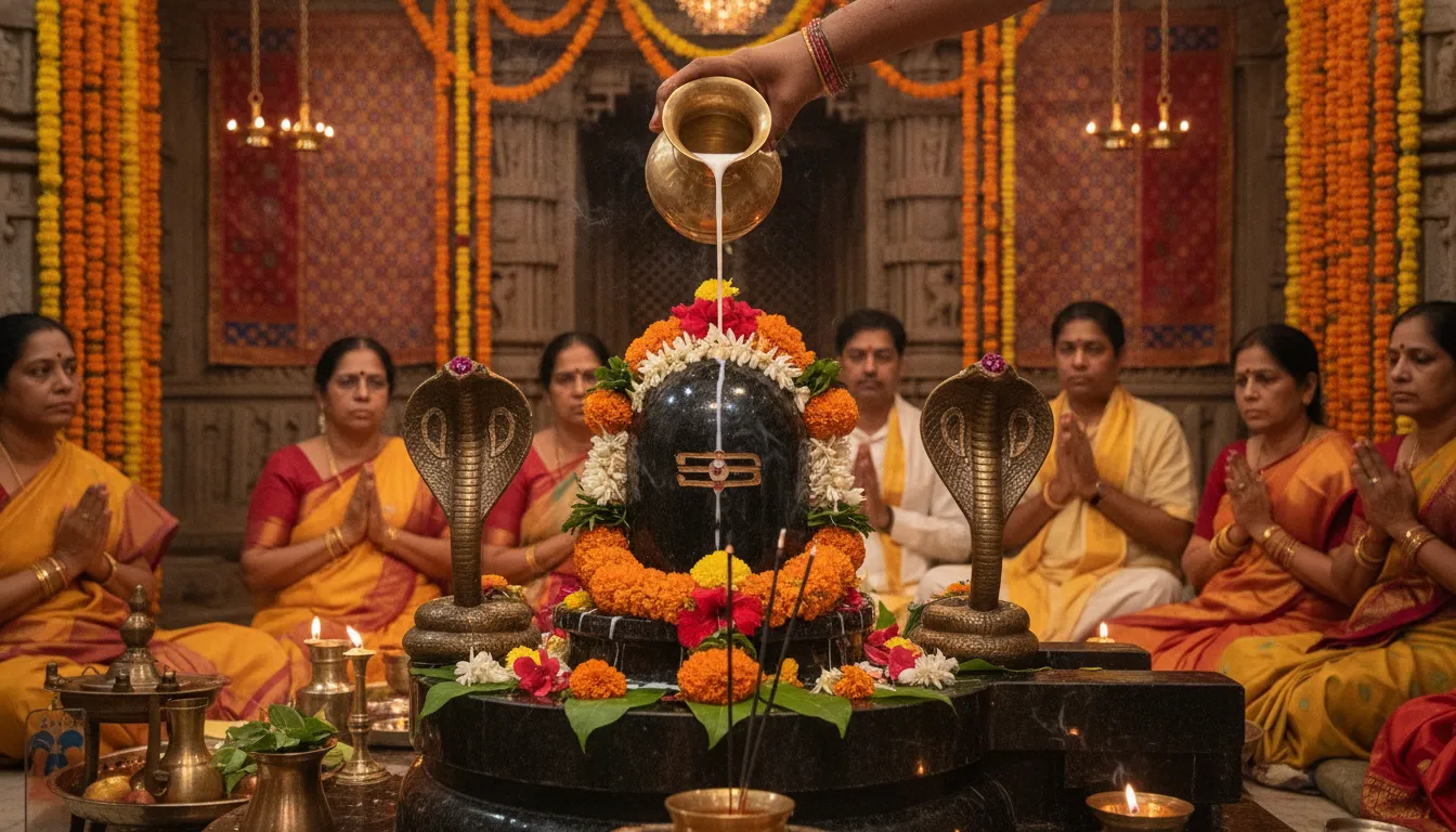 A vibrant photograph of a traditional Nag Panchami offering being presented to a Shivalinga, surrounded by decorative snake motifs and adorned with fresh flowers and sacred milk.