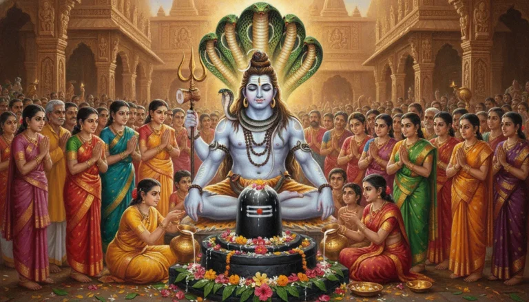 A vibrant painting depicting Lord Shiva, surrounded by numerous serpents, with a central Shivalinga being offered milk and flowers during Nag Panchami celebrations.
