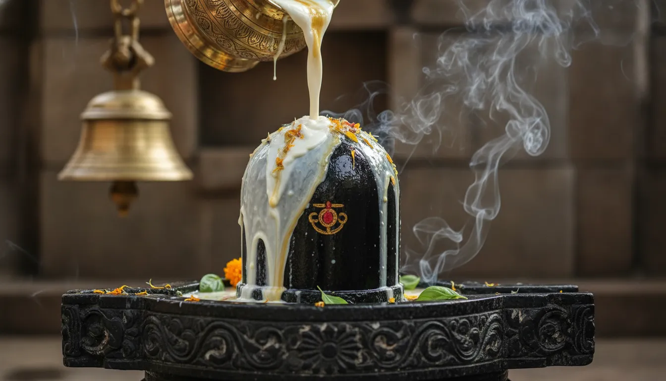 High-definition image of Panchamrut abhishekam on an authentic black Shivling.