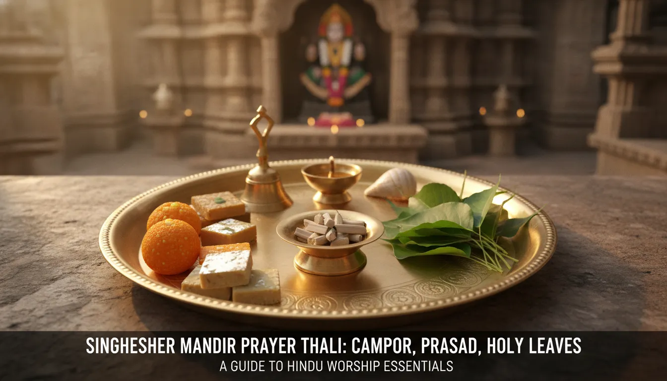 Top-down view of a traditional brass pooja thali containing bel patra, camphor, and sandalwood paste near the Shivling.