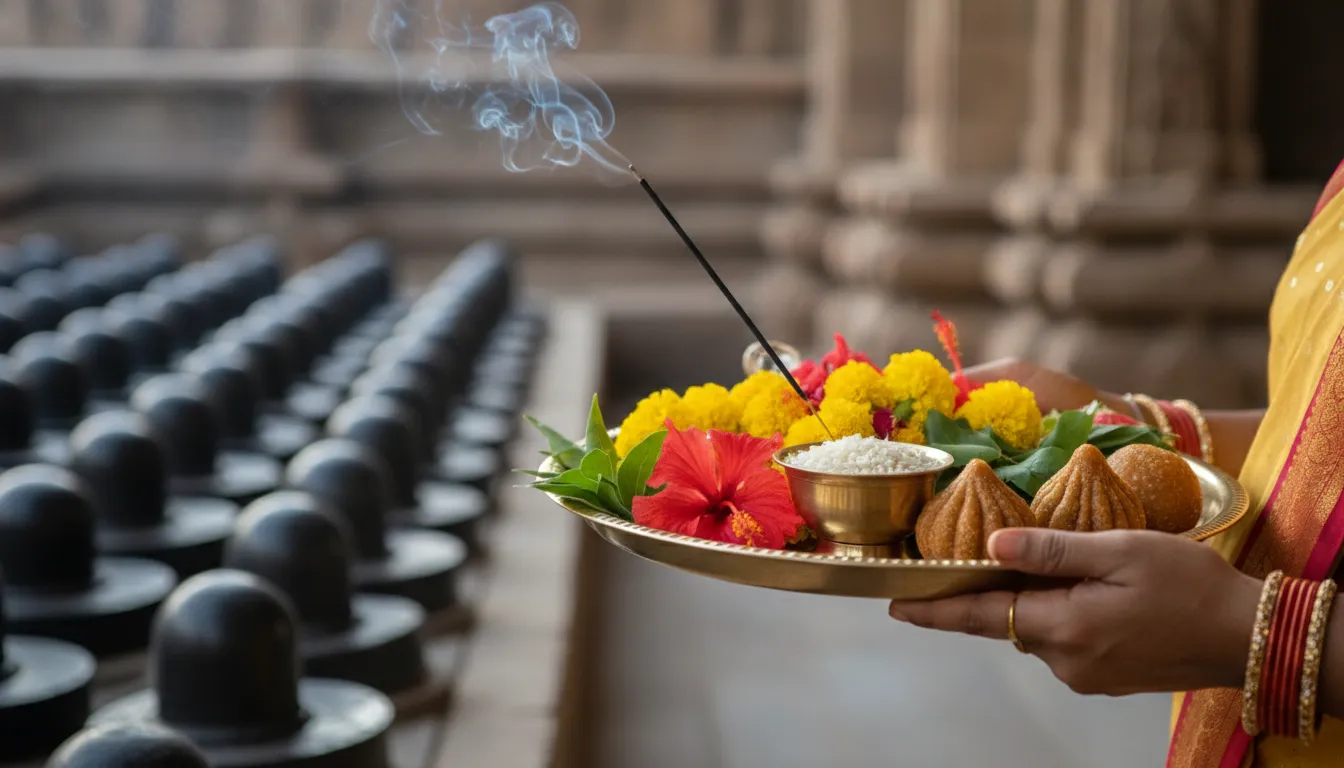 A brass plate filled with flowers, sweets, and incense being offered to the 108 Shivlings in Omkareshwar.