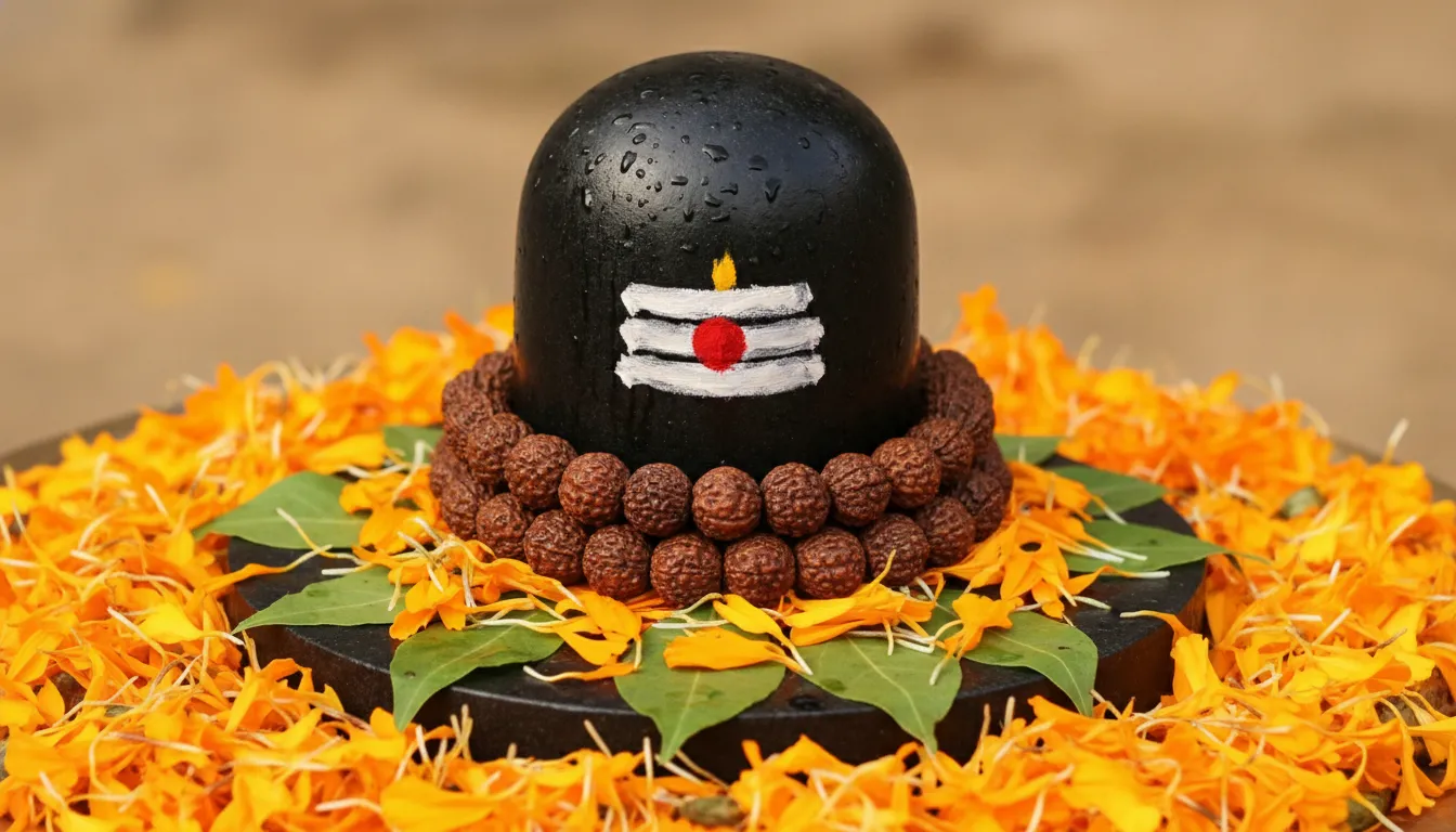 Beautiful shiv shivling image decorated with fresh marigold flowers and rudraksha beads.