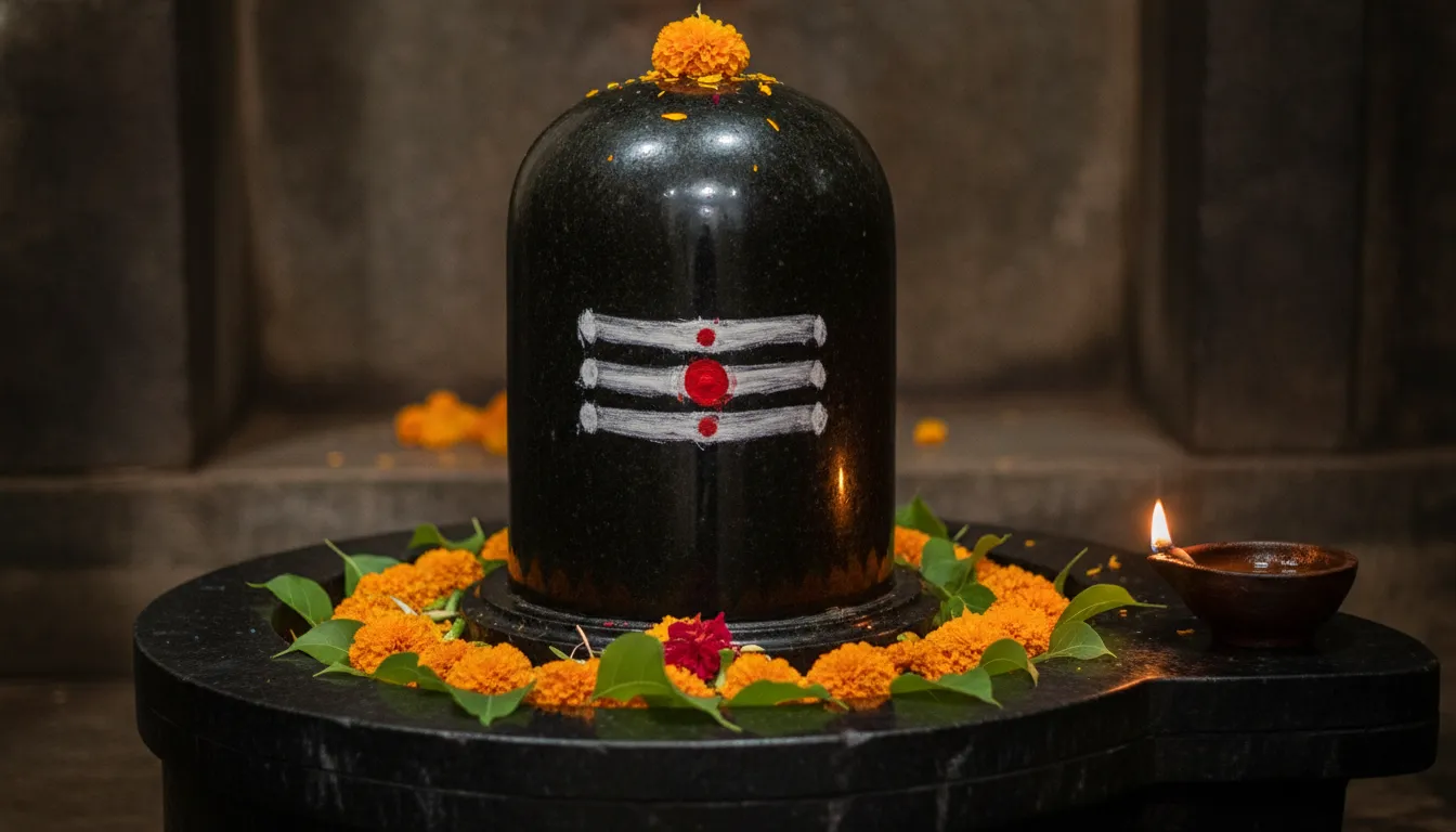 Sacred black stone shivling with glowing three horizontal lines of vibhuti and a red tilak in a temple setup.