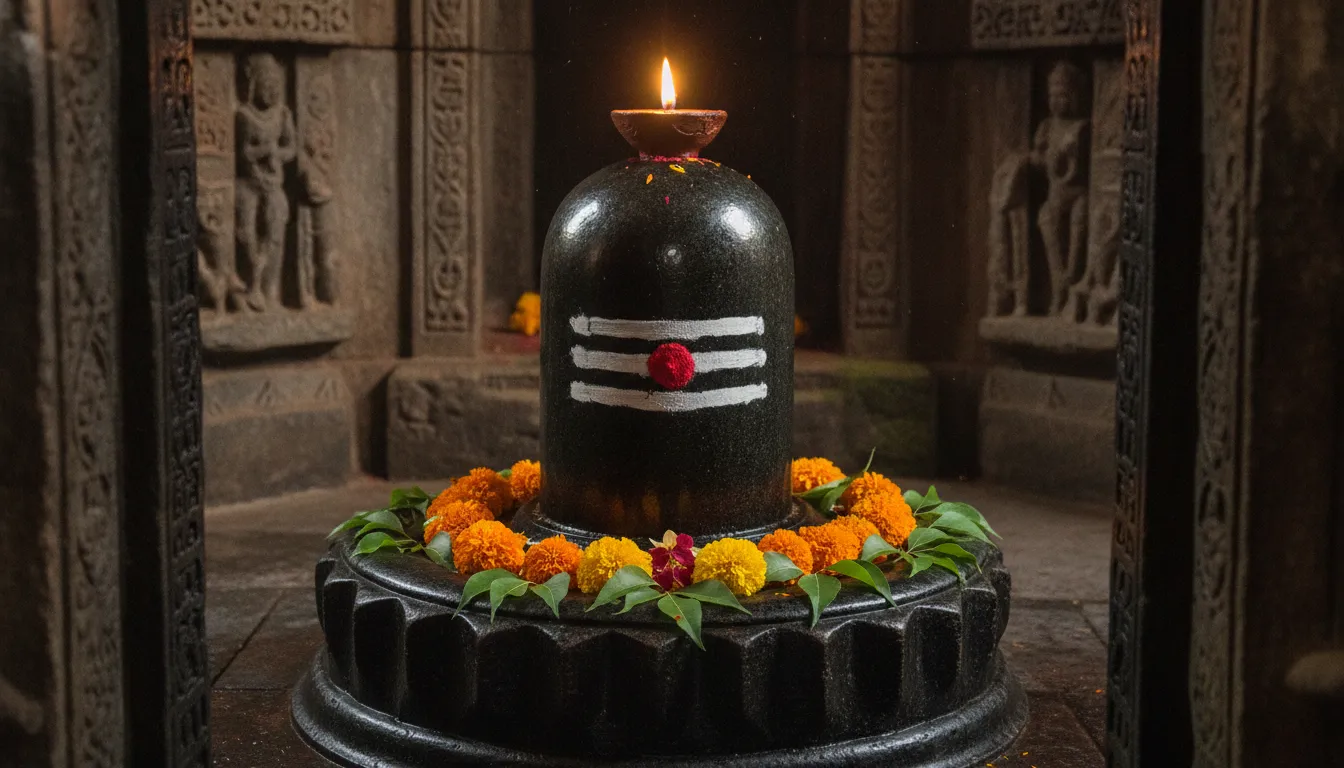 Sacred black stone shivling with glowing three horizontal lines of vibhuti and a red tilak in a temple setup.