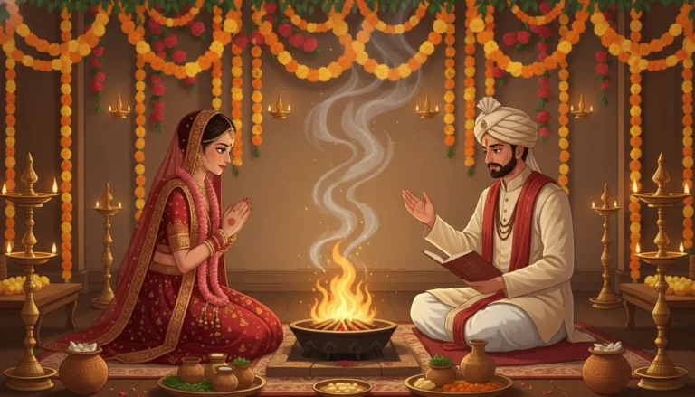 Illustration of bride and groom performing rituals near the sacred wedding fire.