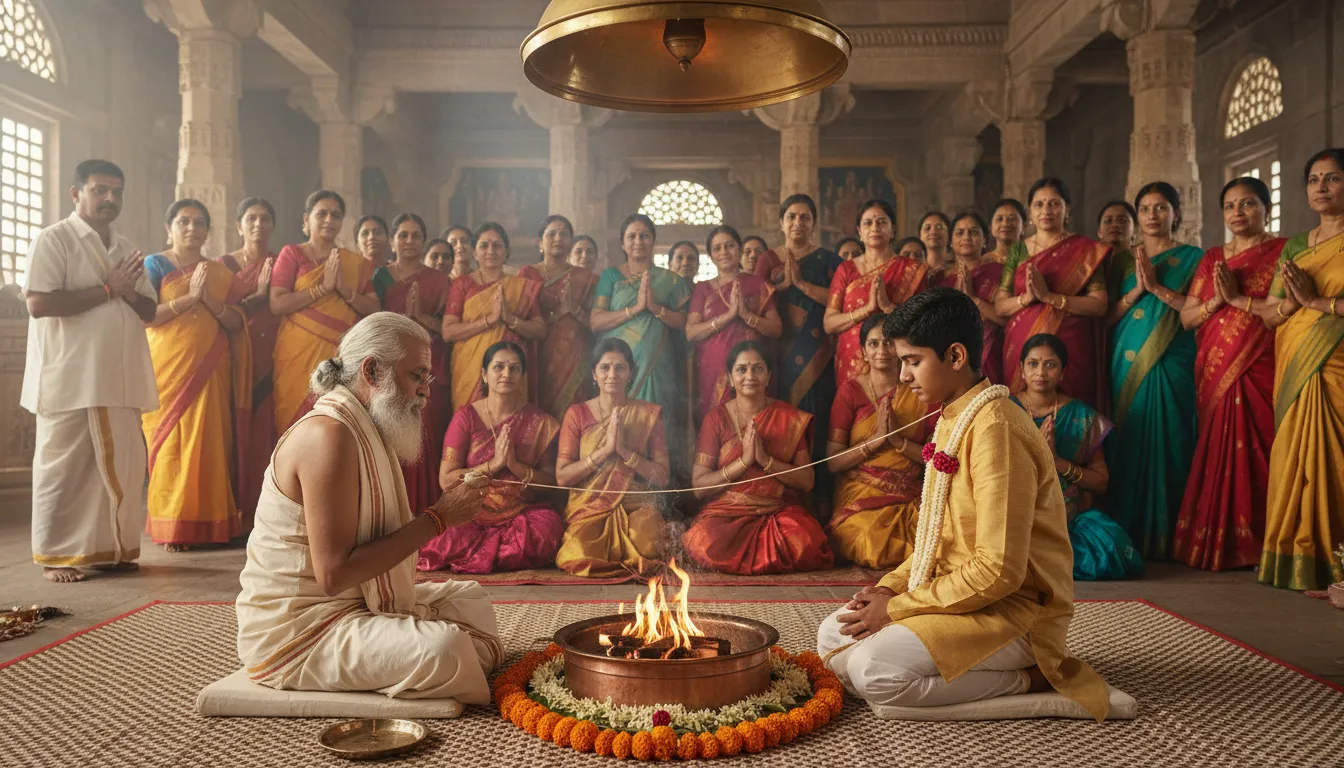 A young devotee and a priest performing a sacred thread ritual near a holy fire.