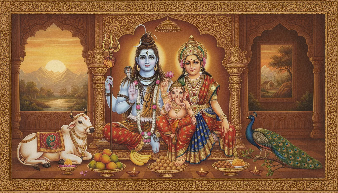 Shiva Parvati with Ganesha and sacred items in traditional artwork