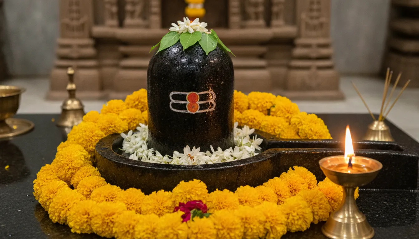 Sacred black stone Shivling decorated with fresh yellow marigold garlands and a single bael patra on top.