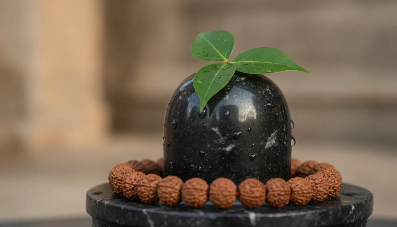 Close up macro photo of a black marble Shivling decorated with fresh bel patra leaves and a rudraksha mala.