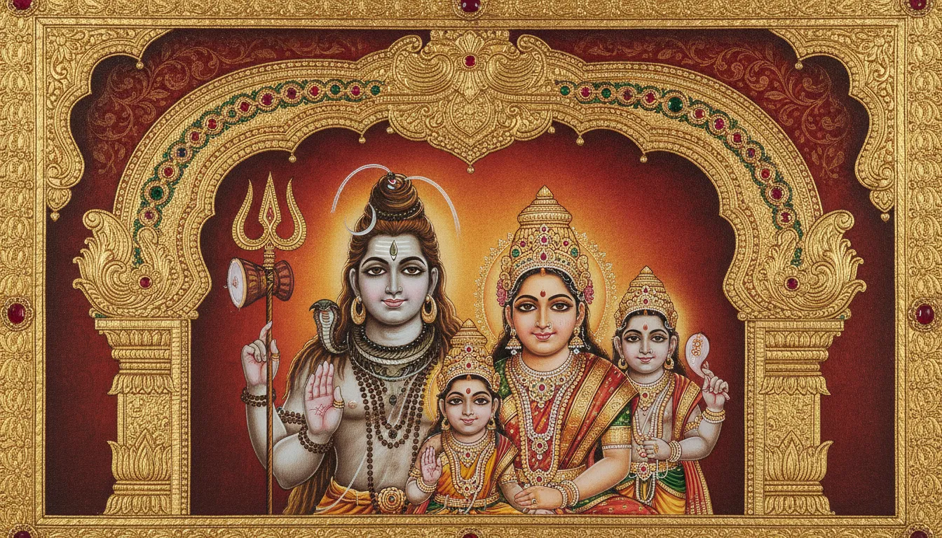 South Indian Tanjore style painting of Shiva family adorned with gold foil and detailed jewelry patterns.