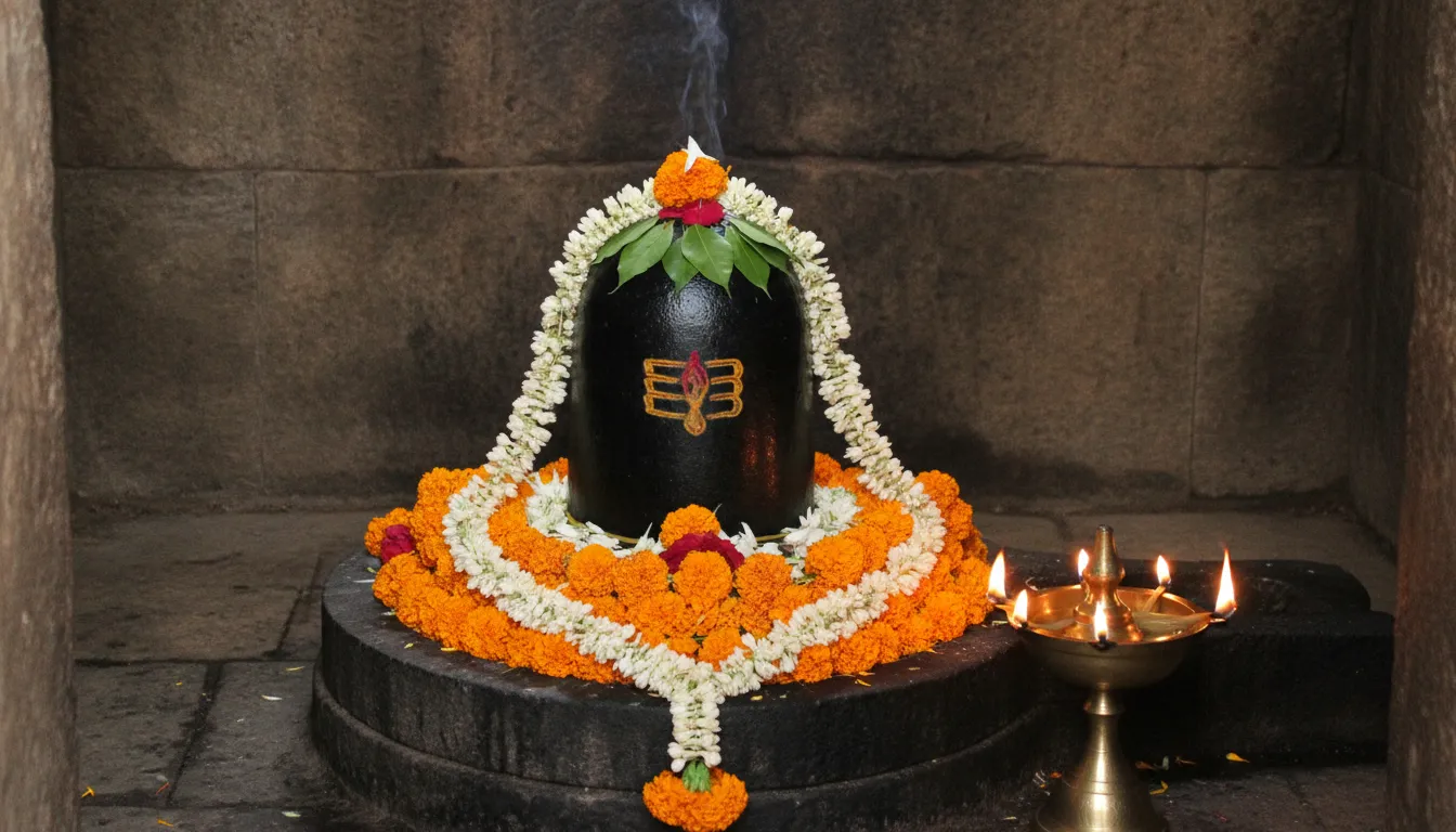 A sacred black stone image of shivling hd inside an ancient Indian temple sanctum decorated with fresh flowers.