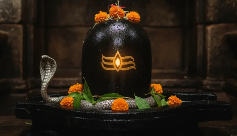 A traditional black stone Shivling with a golden three-eye Trinetra pattern engraved on it inside a temple sanctum.