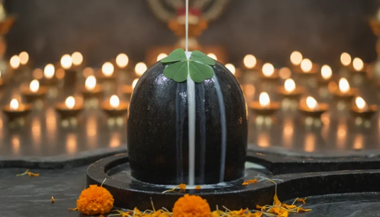Lord Shiva stone shivling with fresh milk abhishek and bel patra