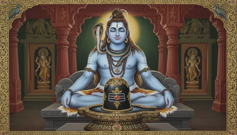 A traditional Indian painting style of Lord Shiva with a gold-leaf decorated Shiva Lingam and a cobra.