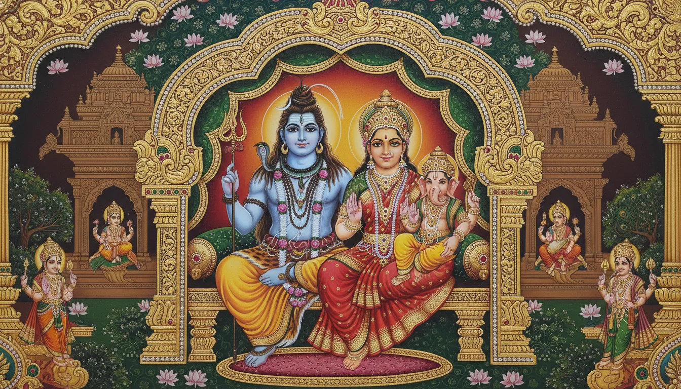 Traditional Indian Tanjore painting of Lord Shiva family with rich gold leaf work