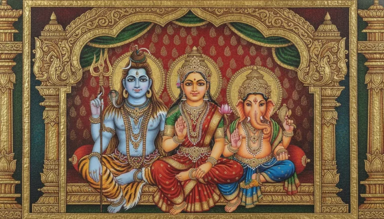 Classical Indian art style portrait of Shiva Parvati and Ganesha with rich gold foils