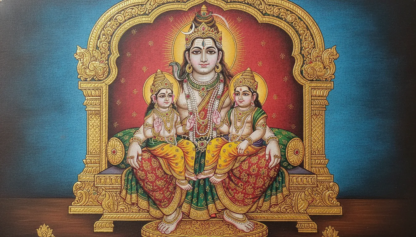 Classic Tanjore painting of Lord Shiva with his children using gold leaf and stone work.