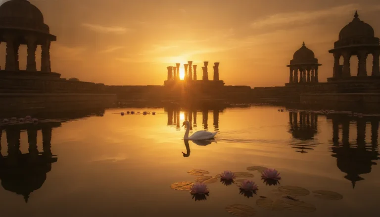 Digital illustration of a traditional Indian temple structure next to a sacred lake at golden hour.