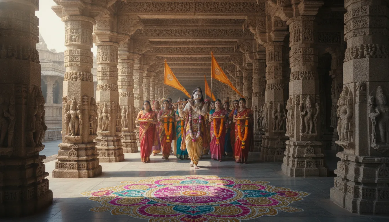 A long traditional temple corridor with a divine flute player leading a spiritual procession with flags.