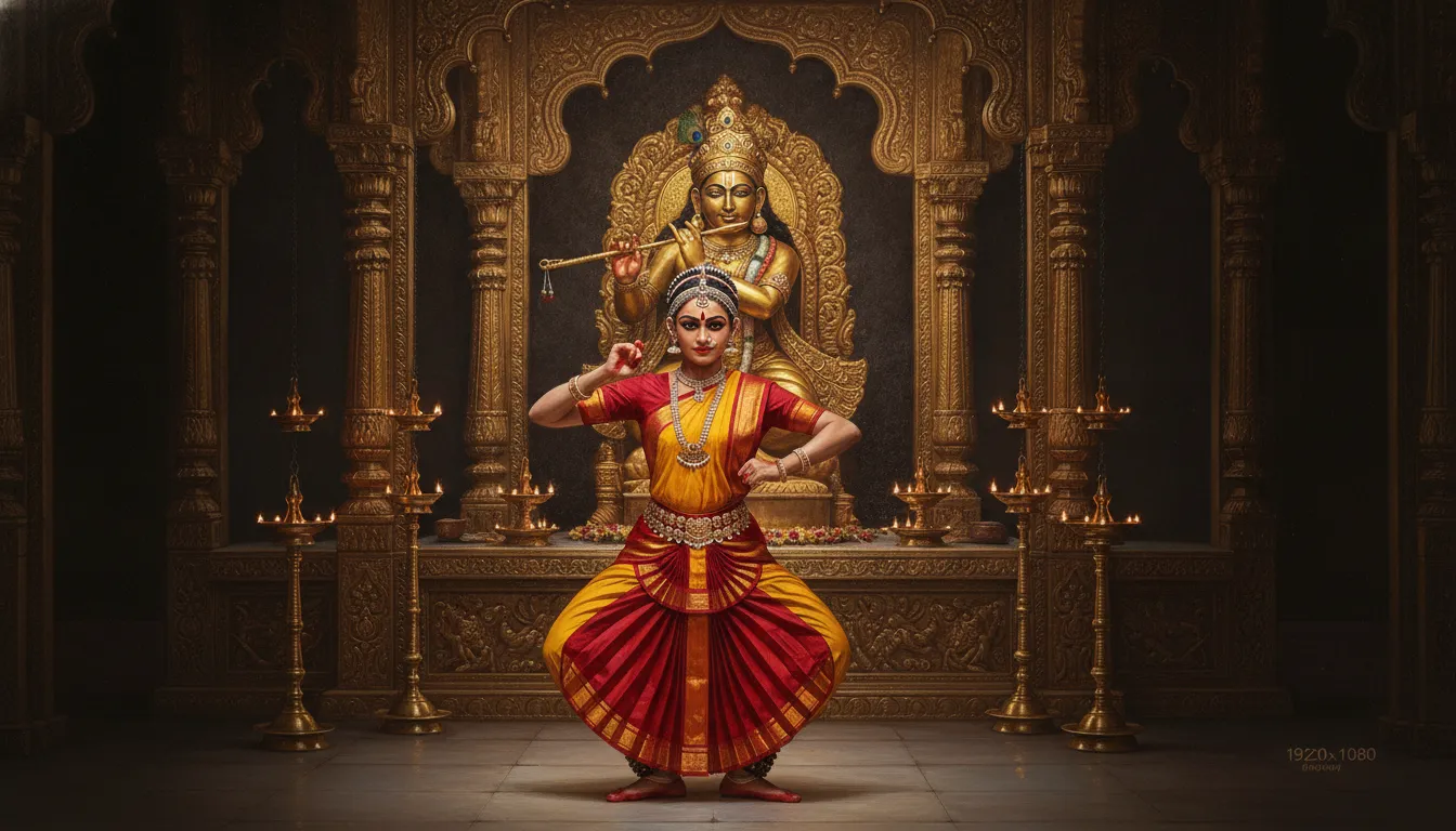 A Bharatanatyam dancer performing in front of a golden statue of Lord Krishna playing the flute.