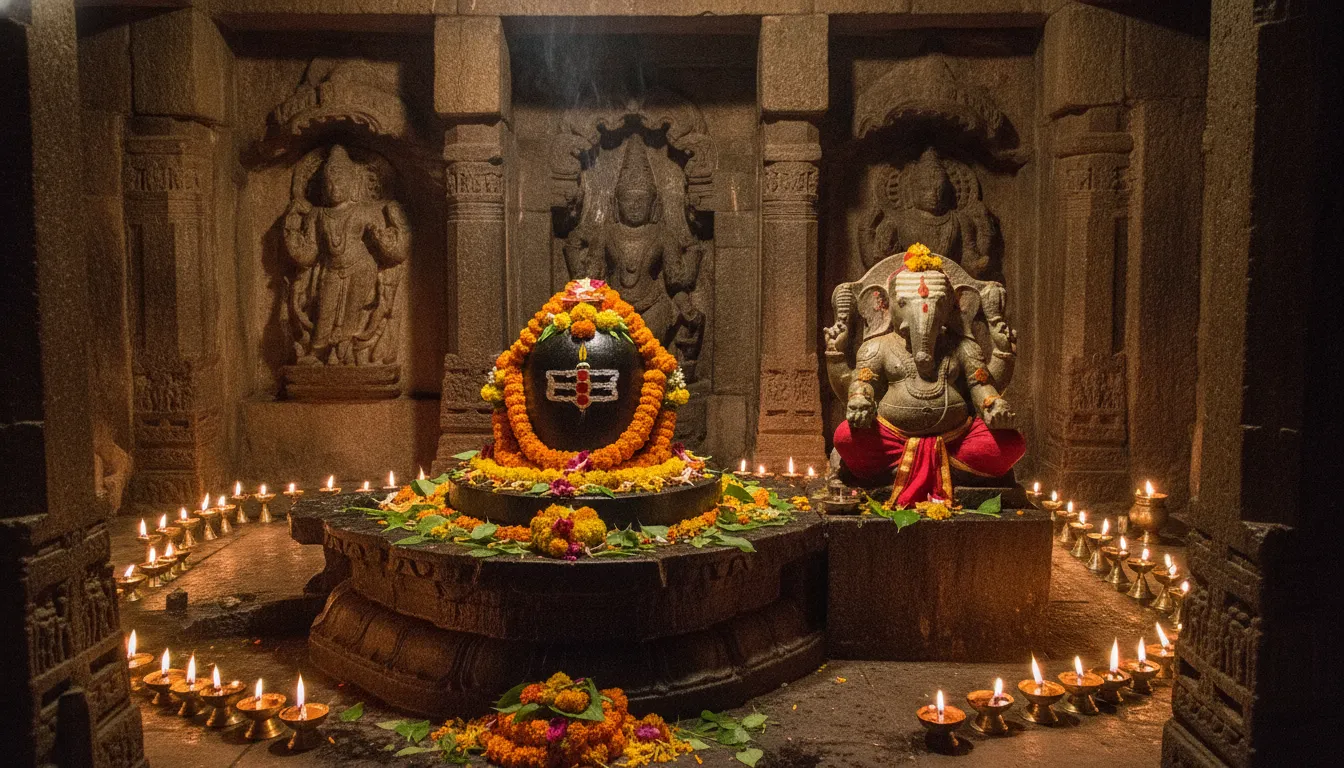 Ancient stone temple sanctum with idols of Lord Ganesh and Shiva Lingam.