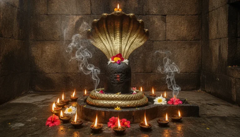 Inside a dark temple sanctum showing a stone Shiva Lingam adorned with a polished brass cobra sculpture and burning oil lamps.