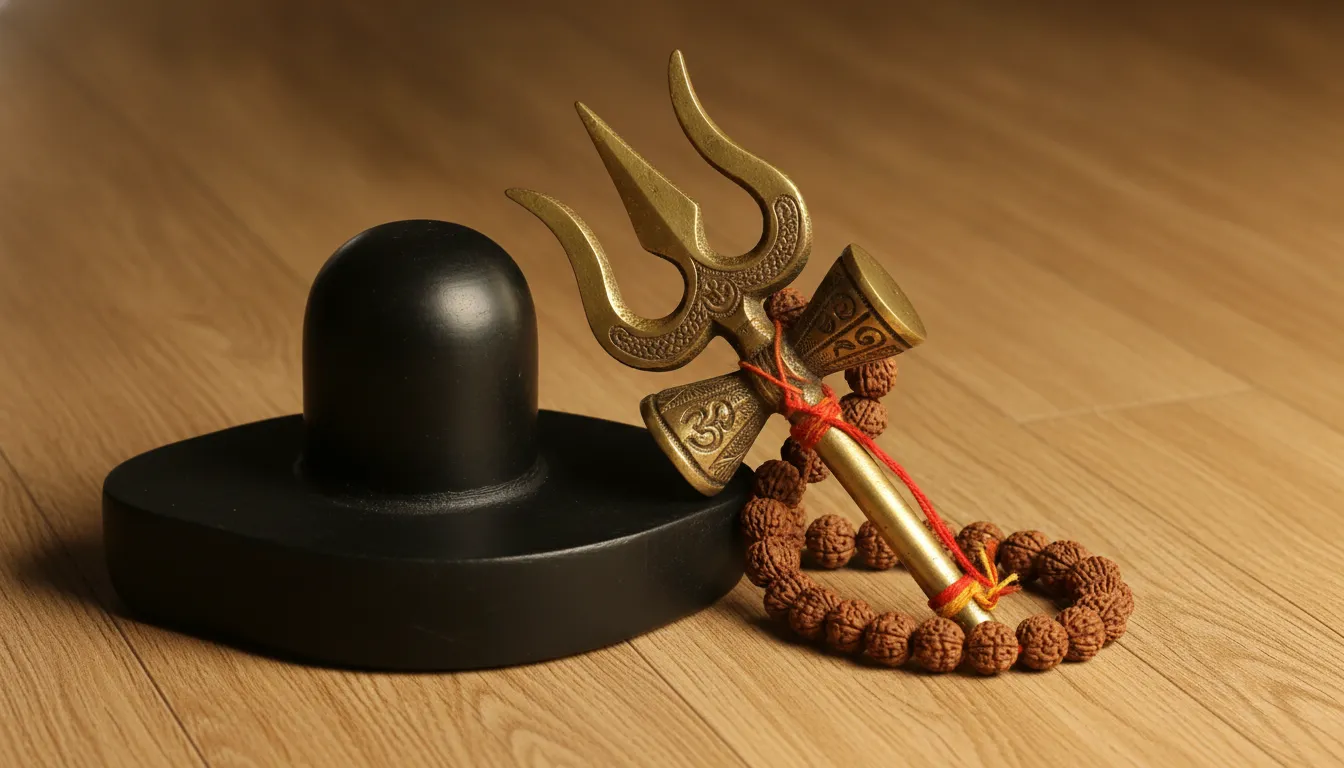 Classic metallic trishul trident with authentic rudraksha beads next to shivling images for whatsapp dp download.