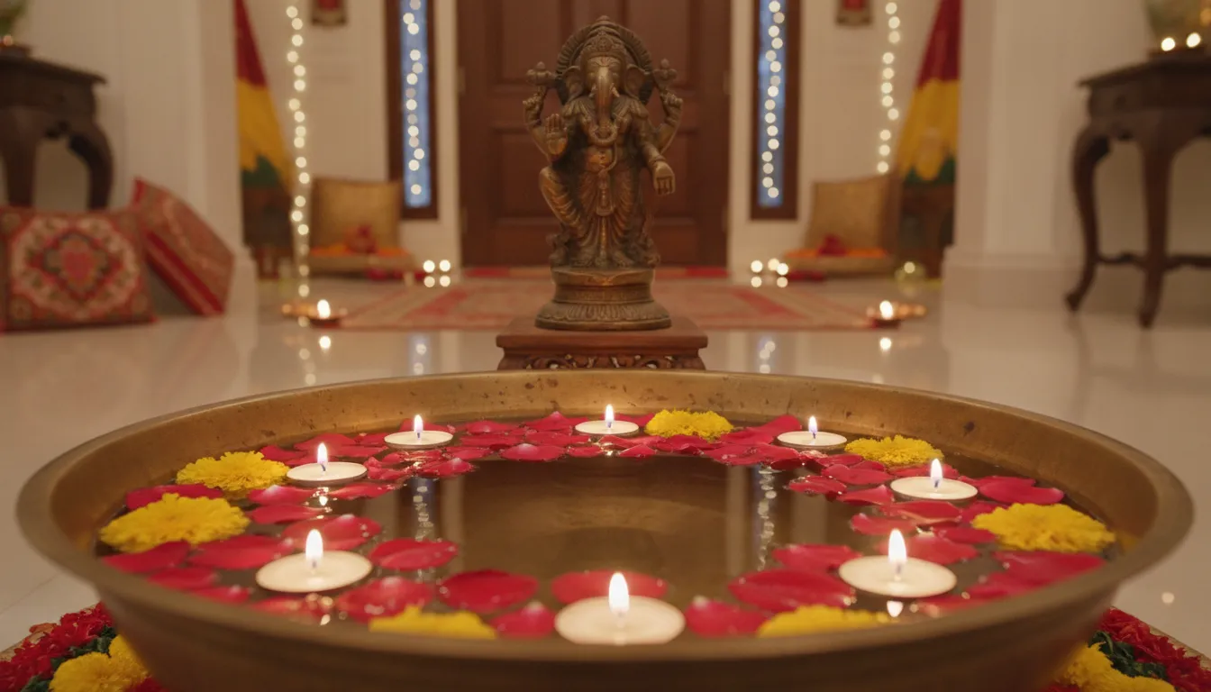A large brass urli bowl filled with water, floating rose petals, and a bronze Hindu deity statue positioned behind it