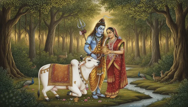 Lord Shiva and Parvati standing gracefully next to their sacred bull Nandi near a forest