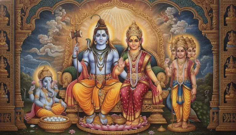 Classical Indian style painting of Shiva Parvati family with intricate gold ornaments