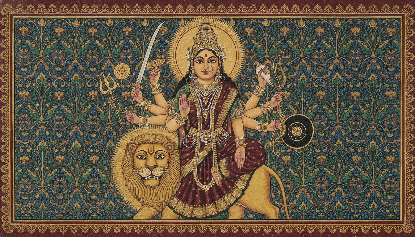 A classic Indian traditional style painting of Goddess Durga with multiple arms on a roaring lion.