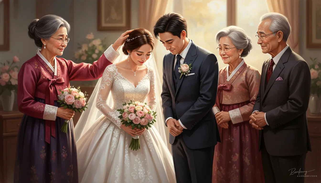 Graphic illustration of elderly parents blessing the newlywed couple at the altar.
