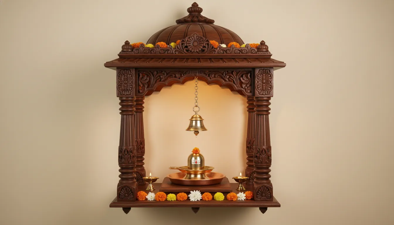 Classic wooden pooja mandir design with a brass Shivling and traditional carvings.