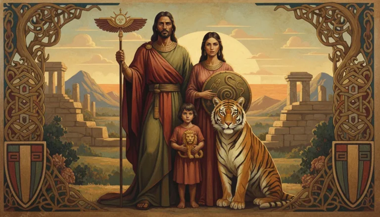 Couple with a child standing with a tiger and holding symbolic items