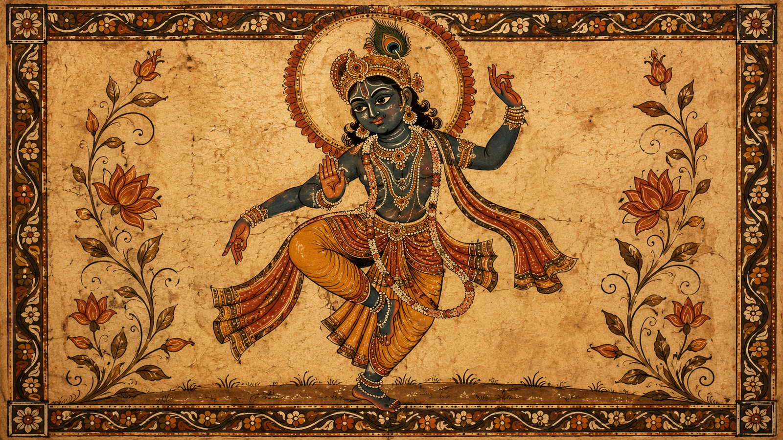 Hand-drawn folk painting of a deity showing classical dance mudras