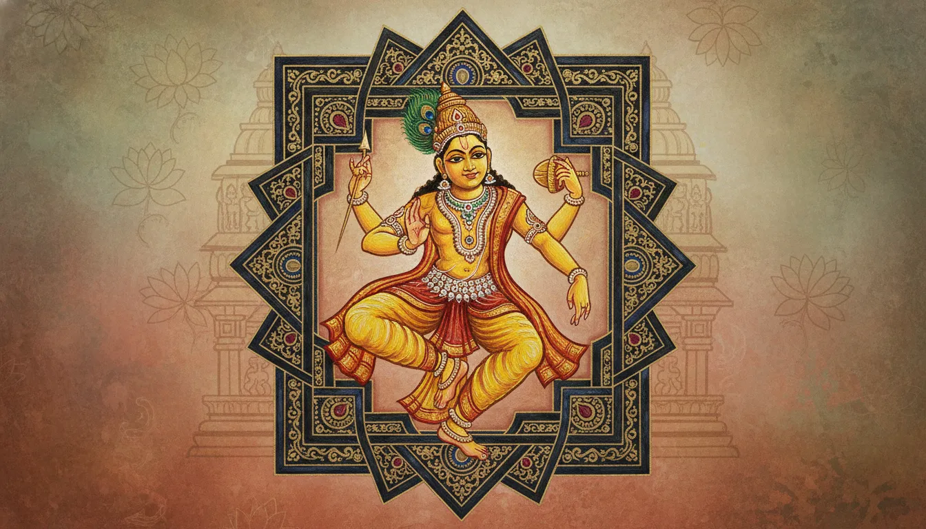 Intricate hand-painted artwork of Lord Kartikeya in a traditional dancing posture