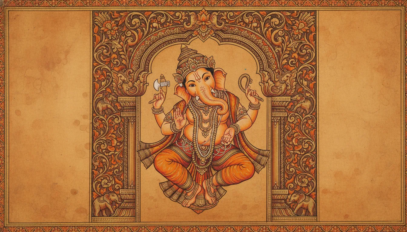 Classical Indian style painting of dancing Lord Ganesha with decorative border