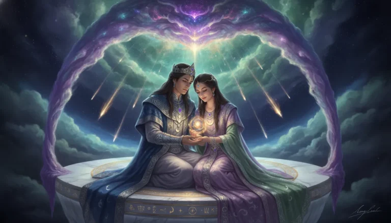 Majestic blue-skinned deity and goddess sitting under a glowing canopy of cosmic gas clouds and falling meteors
