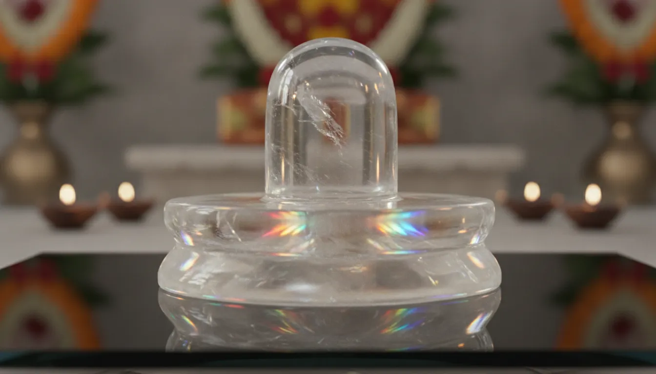 An amazing transparent crystal quartz shivling reflecting prismatic rainbow light rays.