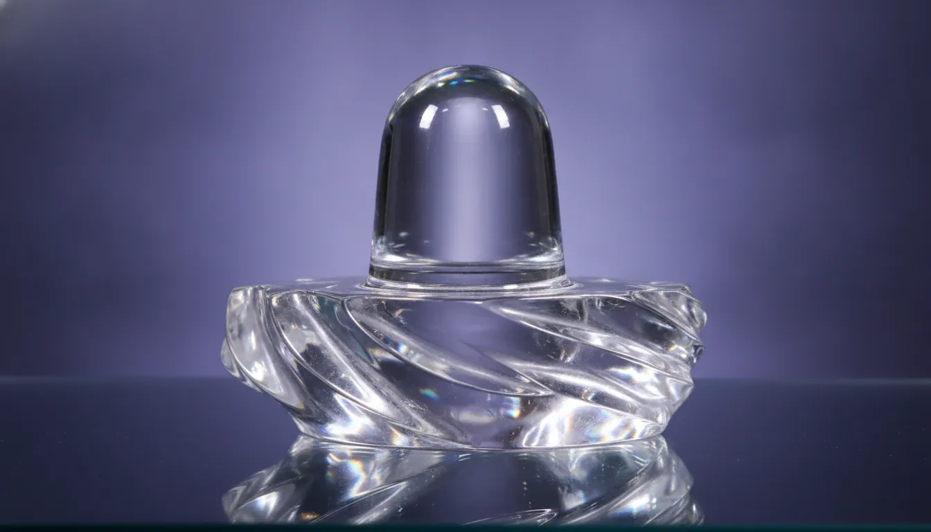 Clear transparent quartz crystal Shivling reflecting beautiful rainbow colors and light.