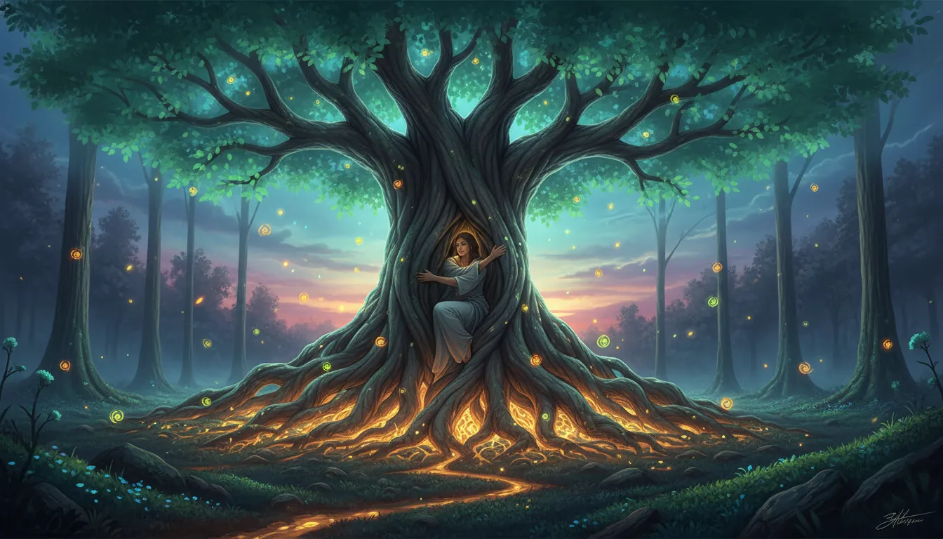 A person hugging a giant glowing tree of life with visible glowing root systems