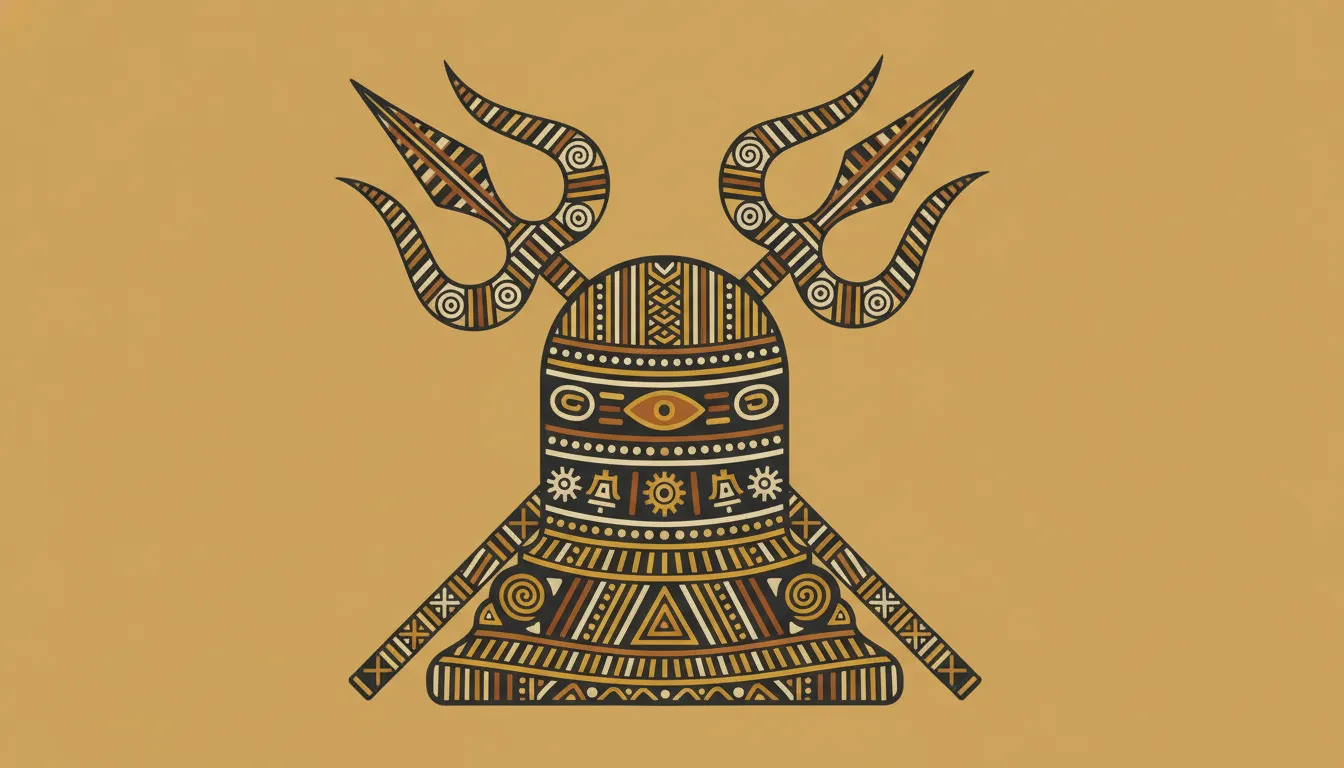 An ethnic tribal-inspired 2D illustration of a Shivling and a crossed Trishul, featuring traditional folklore patterns and motifs.