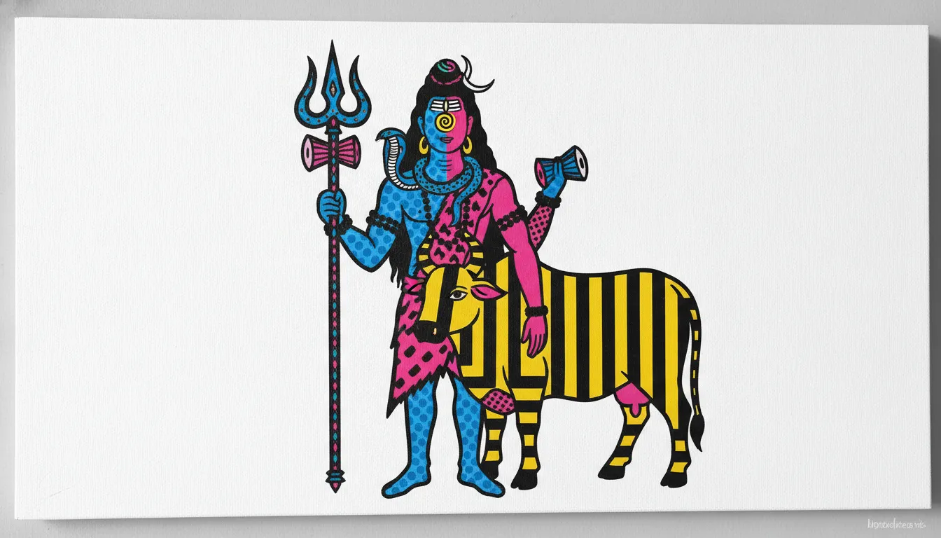 A modern pop art illustration of Lord Shiva and Nandi using bold tribal patterns and bright contrasting colors.