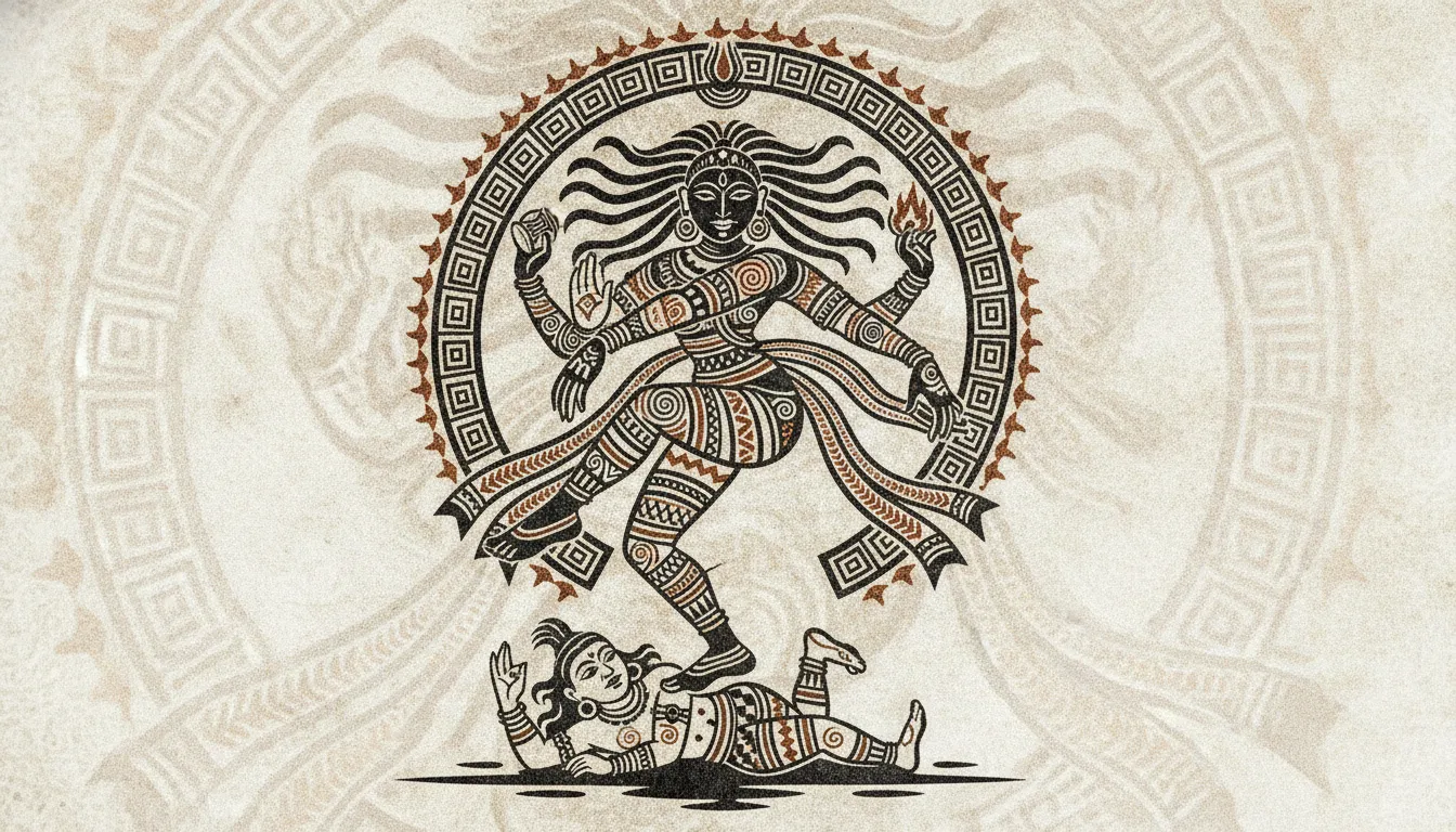 Ethnic tribal line art illustration of dancing Nataraja with bold geometric patterns and dark outlines.